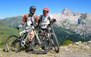 Two people mountain peaks blue - camille bouvagne free wallpaper for desktop