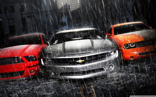 Three cars rain city street - three car free wallpaper