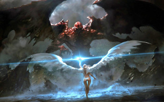 Woman wings dragon sword water - a giant dragon free wallpaper