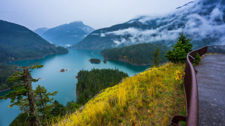 Scenic lake mountains trees foggy - the foggy day free wallpaper