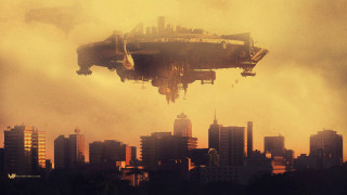 Flying object city yellow sky - free sci-fi wallpaper