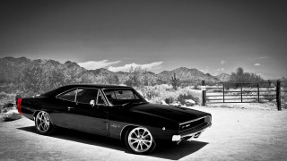 Black white car desert mountains 3 - in the foreground free wallpaper for desktop
