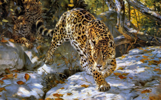 Leopard snowy trees background leaves - brothers hildebrandt free wallpaper