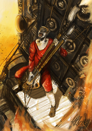 Man guitar fire building painting 2 - a painting of a man free wallpaper for mobile