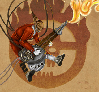 Man guitar fire skull ground - funk art free wallpaper for tablet