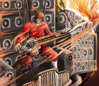 Man guitar fire mouth front - funk art free wallpaper for tablet