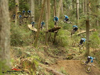 Forest bike ride people jumping - a wooden platform free wallpaper