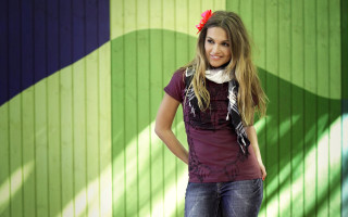 Woman green wall red flower - contemporary free wallpaper