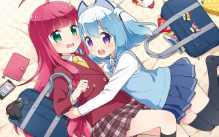 Anime girls hugging luggage cat - the wall behind them free wallpaper