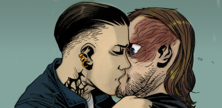 Man woman kissing rain blood - graphic novel free wallpaper