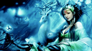 Woman green dress deer fantasy - a deer free wallpaper