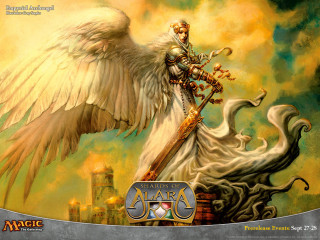 Woman sword wings building city - a painting of a woman free wallpaper