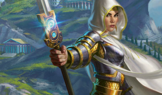 Woman white dress sword shield - a castle in the background free wallpaper