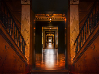Long hallway wooden railing clock - a long hallway free wallpaper