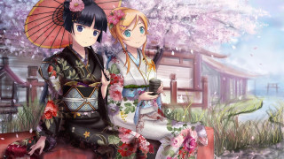 Two women bench tree flowers - a cup free wallpaper for desktop