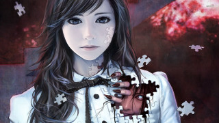 Girl long hair holding puzzle - a creepy face free wallpaper