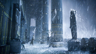 Man snowy cityscape statue fantasy - matte painting concept art free wallpaper for desktop
