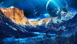 Mountain scene planets sky stars - a painting of a mountain scene free wallpaper