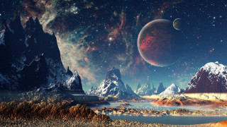 Mountains water stars planets sky 2 - a space free wallpaper