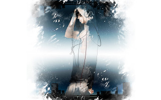 Woman microphone city snow falling - anime style free wallpaper