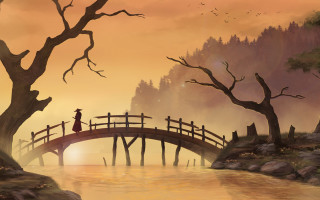 Person bridge river sunset bird - a painting of a person free wallpaper