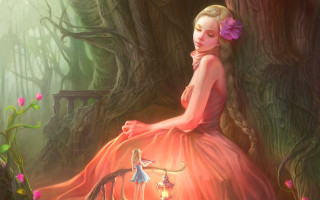 Woman red dress bench forest 2 - a lantern free wallpaper