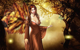 Woman brown dress holding butterfly - fantasy artwork free wallpaper