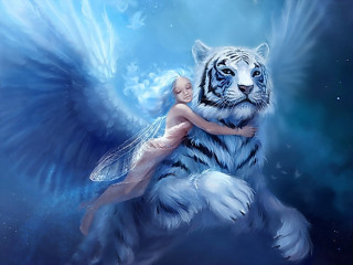 Woman hugging tiger with wings - a tiger free wallpaper