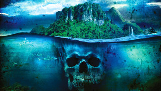 Skull floating water mountain boat - a mountain in the background and a boat free wallpaper