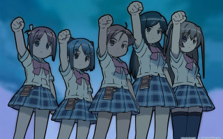 Girls school uniforms raising hands - their hands in free wallpaper