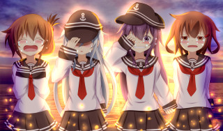 Anime girls sailor outfits sunset - three anime girl free wallpaper for desktop