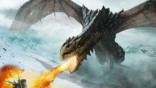 Dragon fireball snowy mountains battle - the background and a person free wallpaper for desktop