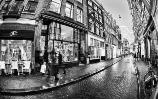 Black white street people store - fisheye len free wallpaper