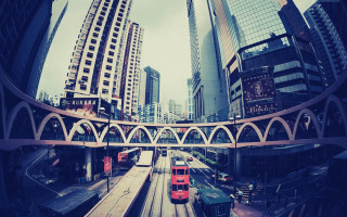 Train city tall buildings bridge - a train traveling free wallpaper for desktop