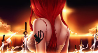 Woman red hair tattoos fire - fantasy art free wallpaper