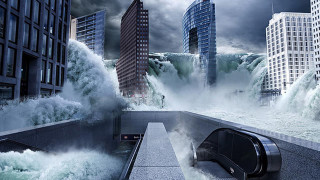 Futuristic city waterfall skateboard man - carel willink free wallpaper