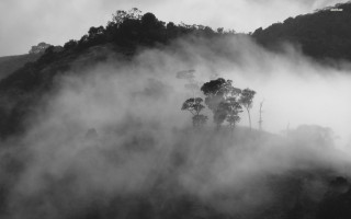 Foggy mountain black white photo - a few house free wallpaper for desktop