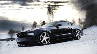 Black mustang snowy road cloudy - matte finish free wallpaper for desktop