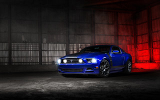 Blue mustang car dark garage - red light free wallpaper