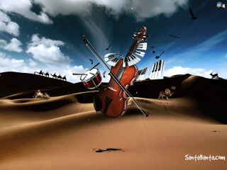 Violin music instruments desert birds - surrealistic free wallpaper