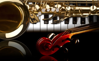 Saxophone piano keyboard reflection close - cinematic composition free wallpaper for desktop