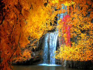 Waterfall autumn leaves foliage impressionist - a waterfall free wallpaper