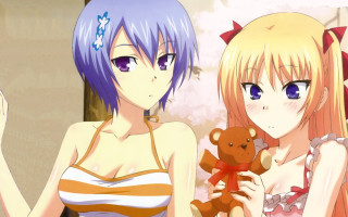 Anime girls holding teddy bear - striped free wallpaper