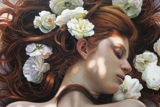 Woman flowers hair eyes closed - a hyperrealistic painting free wallpaper for desktop