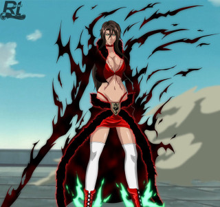 Woman red outfit green flame - anime style free wallpaper for tablet