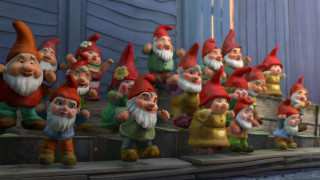 Gnomes standing ledged blue door - a blue wall free wallpaper
