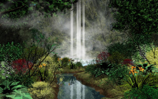 Waterfall tropical forest stream flowers - a painting of a waterfall free wallpaper for desktop