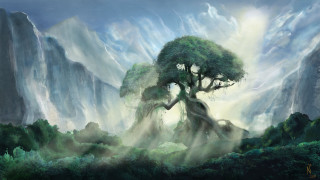 Tree mountain fog painting nature - a painting of a tree free wallpaper