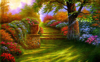 Garden flowers trees path bench - a painting of a garden free wallpaper