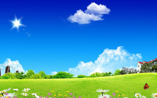 Green field house butterfly blue - beautiful landscape free wallpaper for desktop